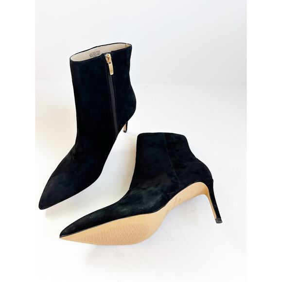 NWOB Ann Taylor Straight Stiletto Heel Suede Booties Black Gold Zip 8.5 - Picture 1 of 7